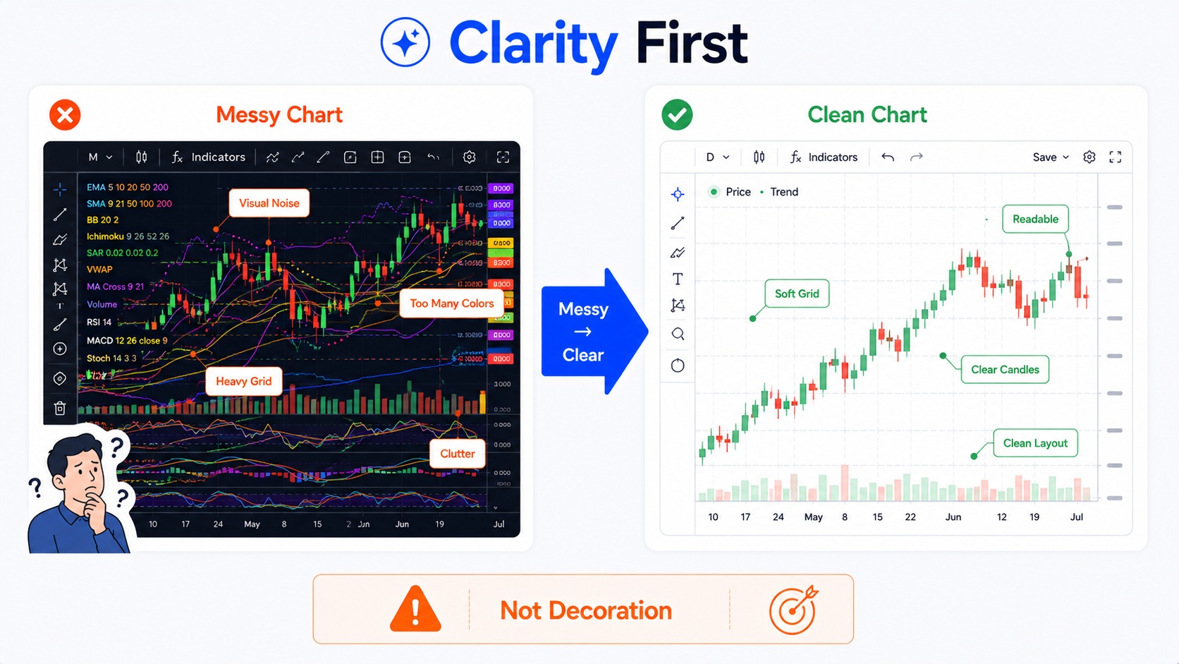 TradingView 图表设置示意图：杂乱深色图表与清爽浅色图表对比，说明图表不是越酷越好，清晰可读更重要